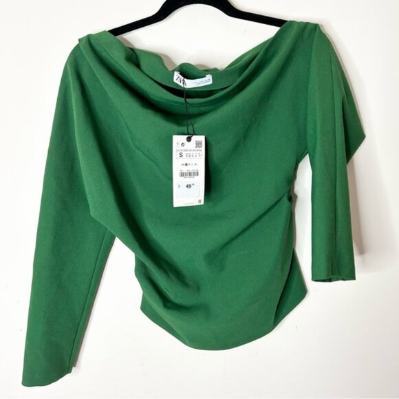 ZARA Draped Off The Shoulder Blouse Top Emerald Green Size Small NWT - Picture 2 of 13
